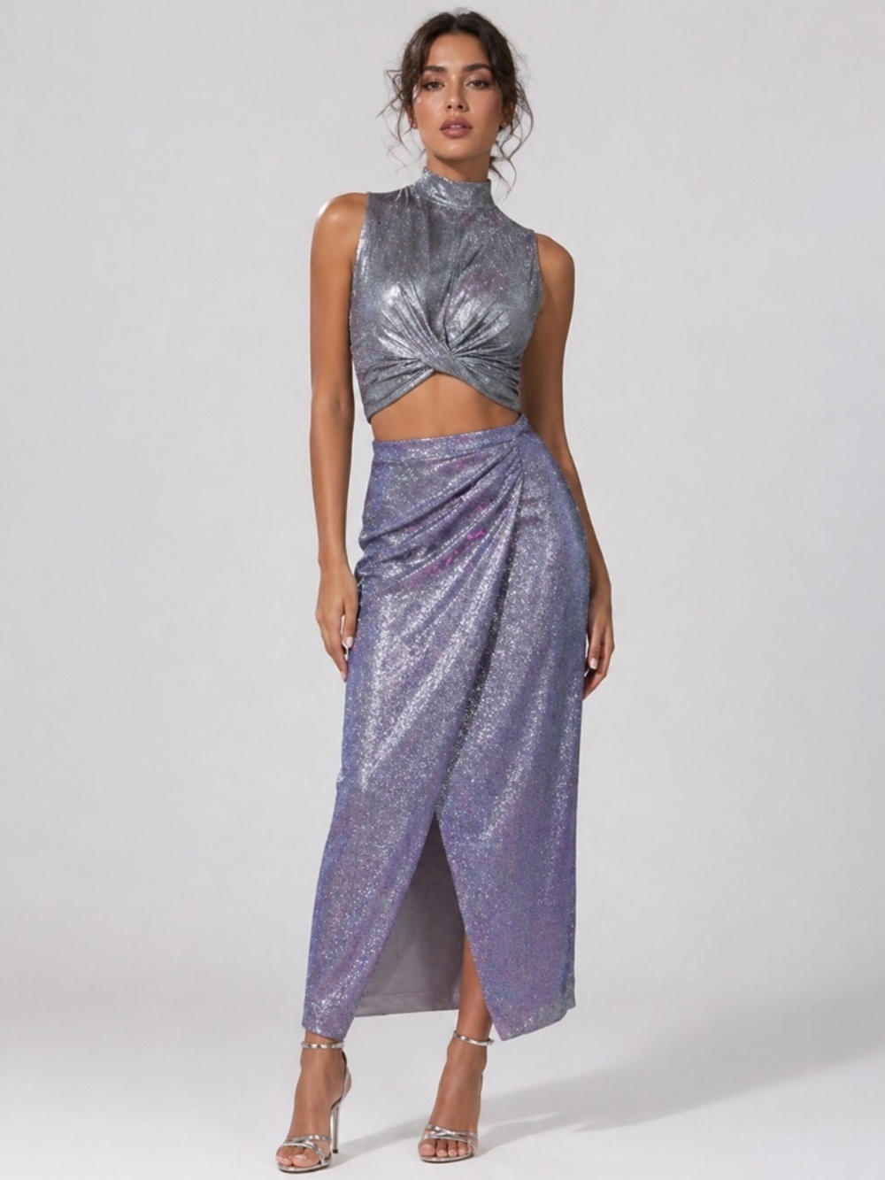 LULUS Chic Brunch Shimmer Sparkle Elegant Sophisticated Shimmer Lilac Midi Skirt